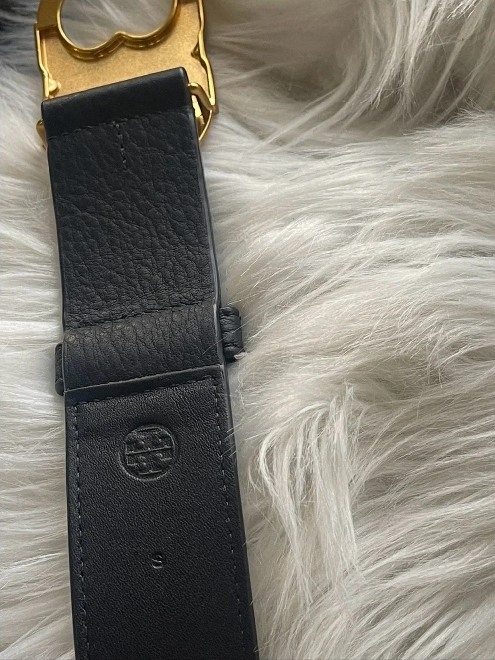 Tory Burch Black Leather Belt with Gold Logo Buckle